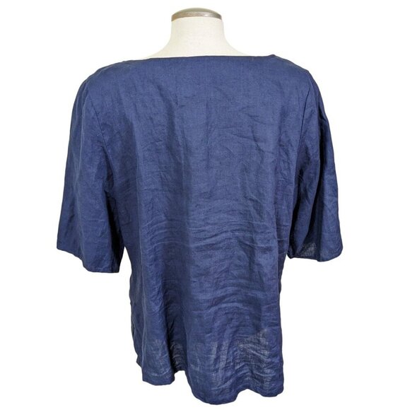 Saint Tropez West Womens Top 100% Linen Size 1X Navy Embroidered Elbow Sleeve - Picture 4 of 6